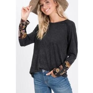 Hailey & Co. Antiqued Black Floral Long Sleeve Cotton Modal Pullover Top Size XL